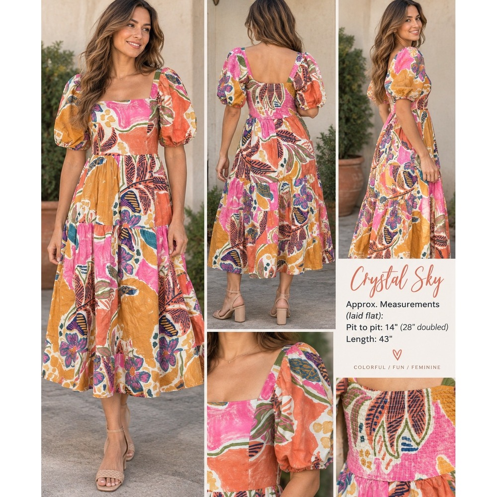Crystal Sky Tropical Floral Puff Sleeve Smocked Midi Dress XS